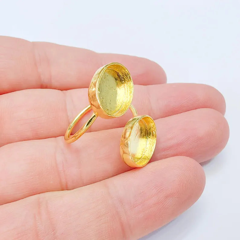 Double Oval Bezel Adjustable Ring, 14x10mm Settings, 24K Gold Color Ring Blank, G38189