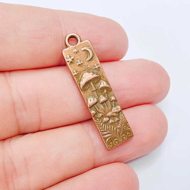 Celestial Mushroom Pendant Charm, Double Sided Woodland Design, Antique Copper Plated, 37x9mm, G38188