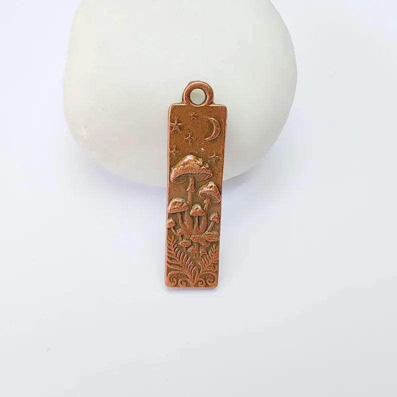 Celestial Mushroom Pendant Charm, Double Sided Woodland Design, Antique Copper Plated, 37x9mm, G38188
