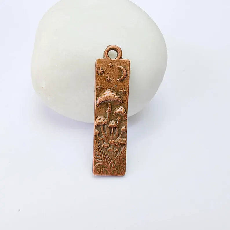 Celestial Mushroom Pendant Charm, Double Sided Woodland Design, Antique Copper Plated, 37x9mm, G38188