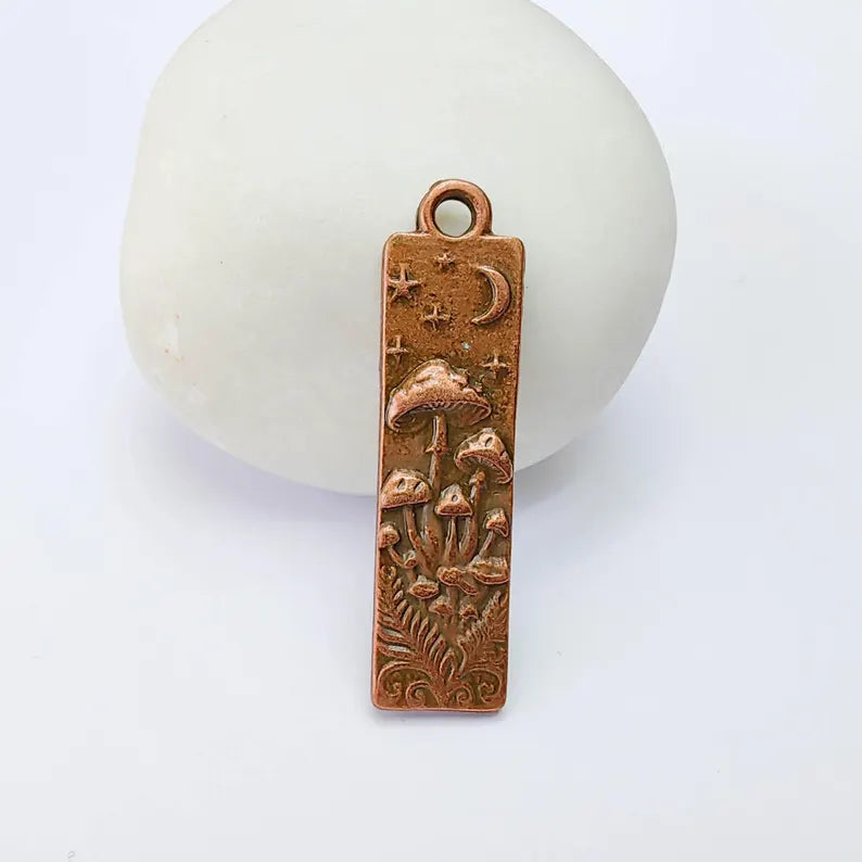 Celestial Mushroom Pendant Charm, Double Sided Woodland Design, Antique Copper Plated, 37x9mm, G38188
