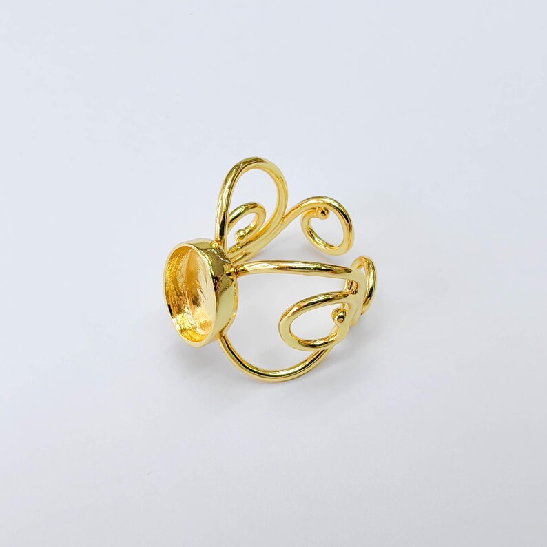 Ornate Oval Bezel Ring Blank, 14x10mm Setting, Adjustable 24K Gold Color Brass Ring, G38191