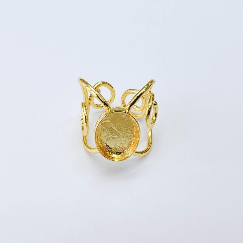 Ornate Oval Bezel Ring Blank, 14x10mm Setting, Adjustable 24K Gold Color Brass Ring, G38191