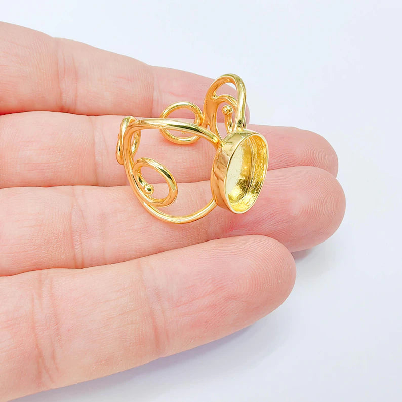 Ornate Oval Bezel Ring Blank, 14x10mm Setting, Adjustable 24K Gold Color Brass Ring, G38191