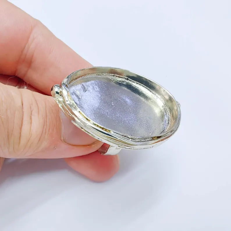 Large Oval Bezel Ring Blank, Adjustable Shiny Silver Brass 39x30mm G38194