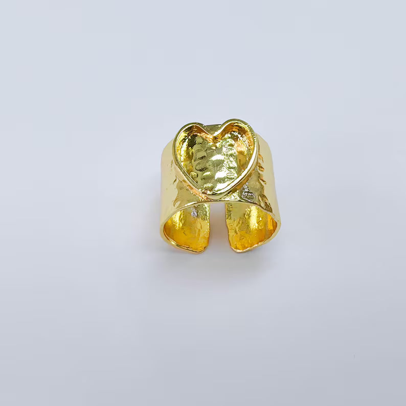 Heart Bezel Ring Blank, Wide Adjustable 24K Gold Color Brass 10mm G38197