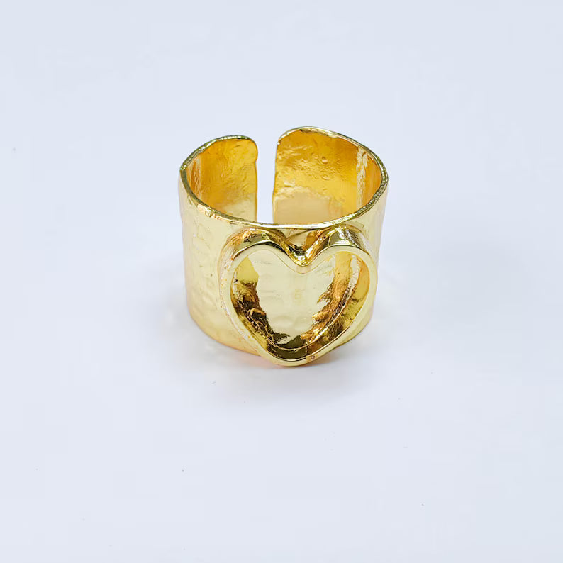 Heart Bezel Ring Blank, Wide Adjustable 24K Gold Color Brass 10mm G38197