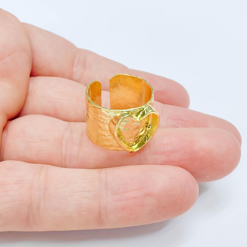 Heart Bezel Ring Blank, Wide Adjustable 24K Gold Color Brass 10mm G38197