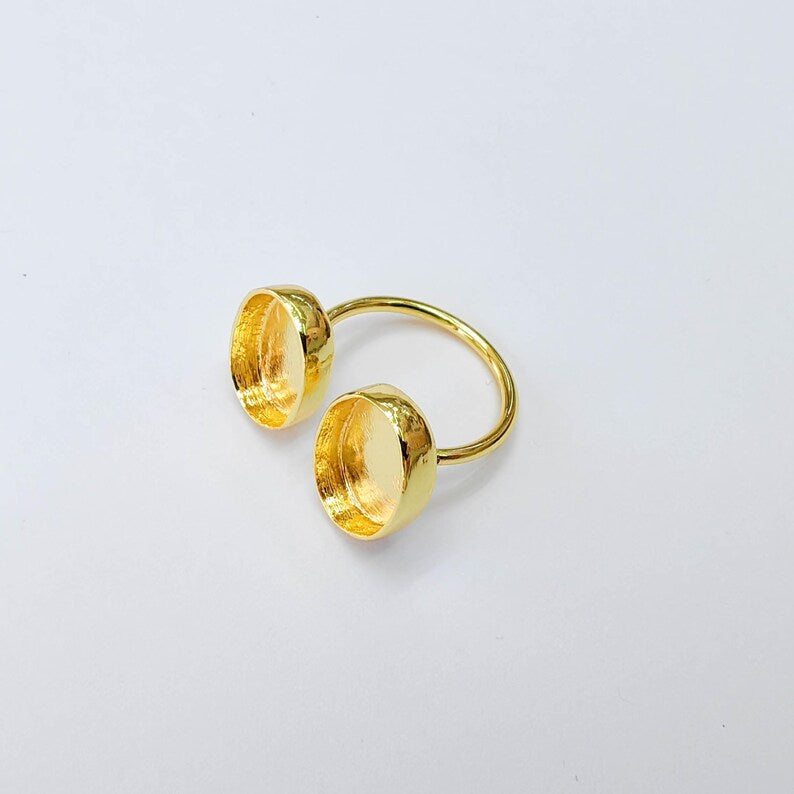 Double Oval Bezel Adjustable Ring, 14x10mm Settings, 24K Gold Color Ring Blank, G38182