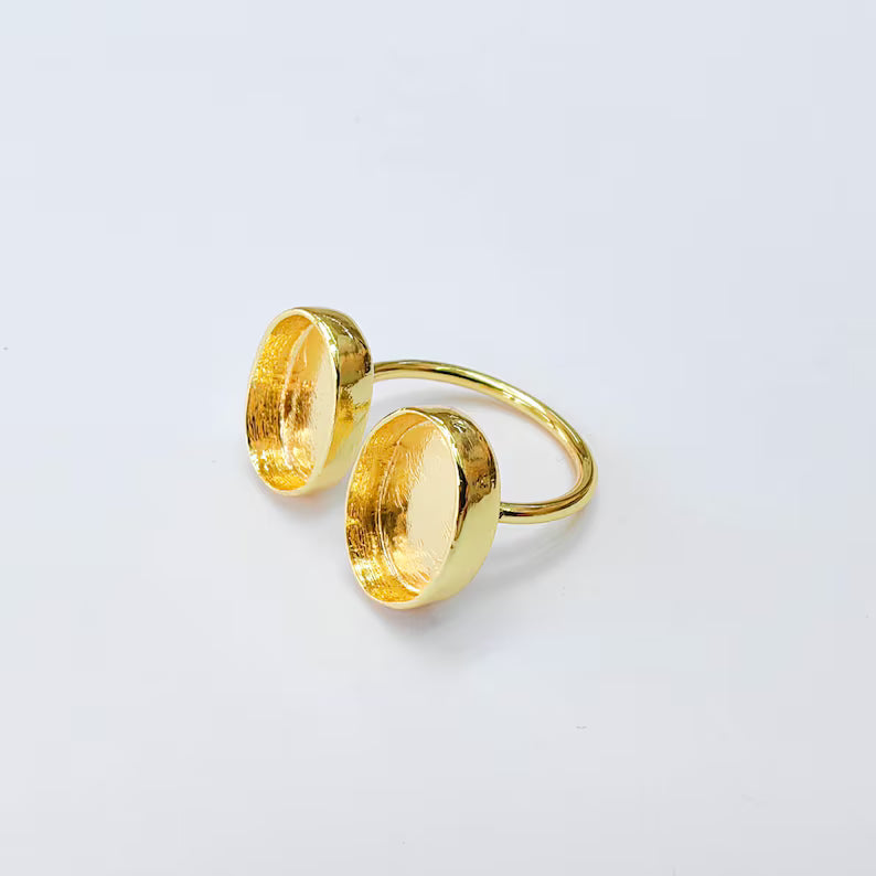 Double Oval Bezel Adjustable Ring, 14x10mm Settings, 24K Gold Color Ring Blank, G38182