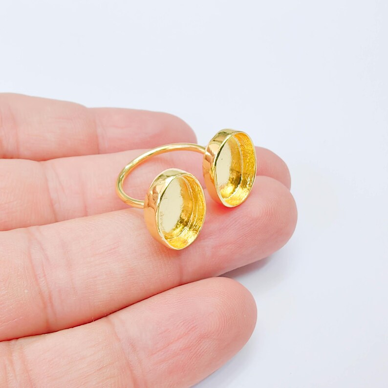 Double Oval Bezel Adjustable Ring, 14x10mm Settings, 24K Gold Color Ring Blank, G38182