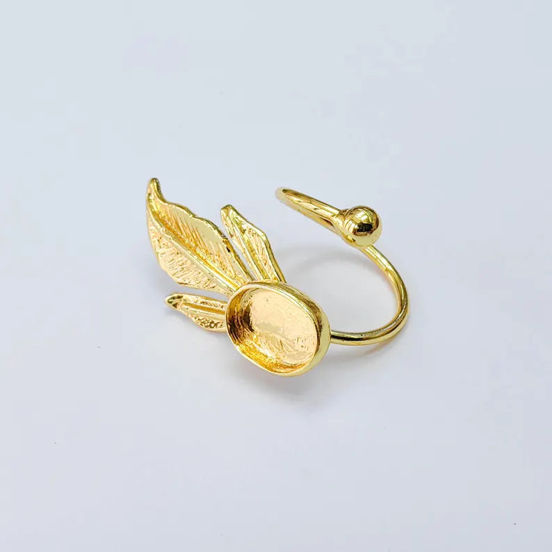 Leaf Bezel Adjustable Ring, Oval 14x10mm Setting, 24K Gold Color Ring Blank, G38187
