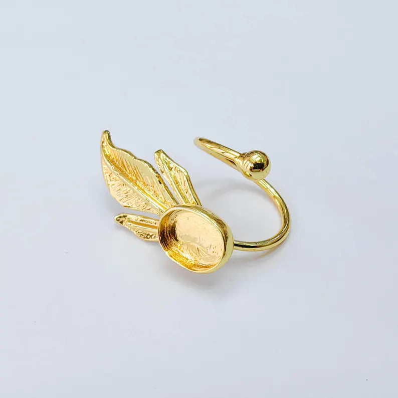Leaf Bezel Adjustable Ring, Oval 14x10mm Setting, 24K Gold Color Ring Blank, G38187