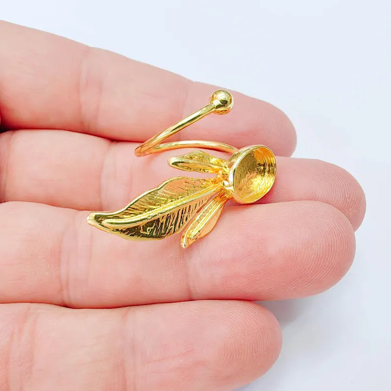 Leaf Bezel Adjustable Ring, Oval 14x10mm Setting, 24K Gold Color Ring Blank, G38187