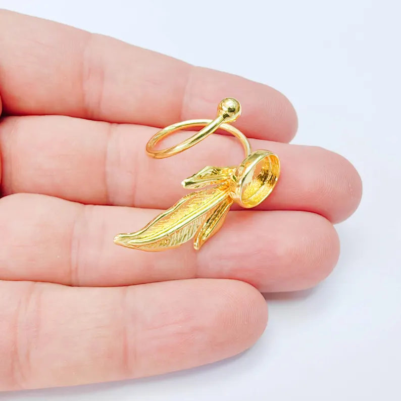 Leaf Bezel Adjustable Ring, Oval 14x10mm Setting, 24K Gold Color Ring Blank, G38187