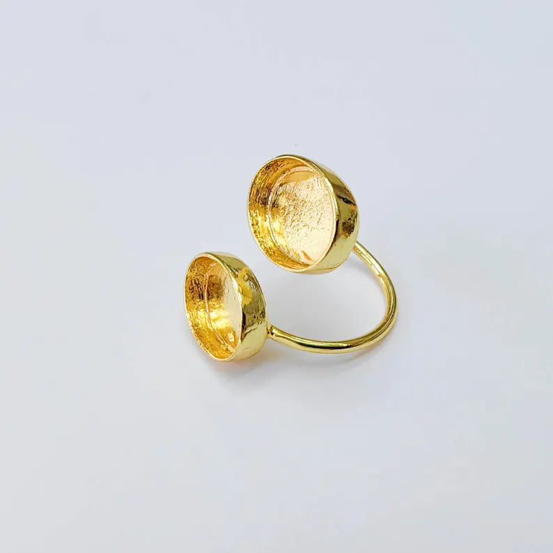 Double Oval Bezel Adjustable Ring, 14x10mm Settings, 24K Gold Color Ring Blank, G38189