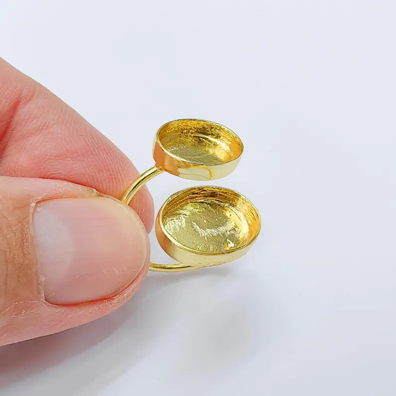 Double Oval Bezel Adjustable Ring, 14x10mm Settings, 24K Gold Color Ring Blank, G38189