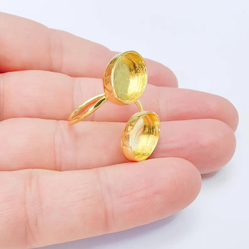 Double Oval Bezel Adjustable Ring, 14x10mm Settings, 24K Gold Color Ring Blank, G38189