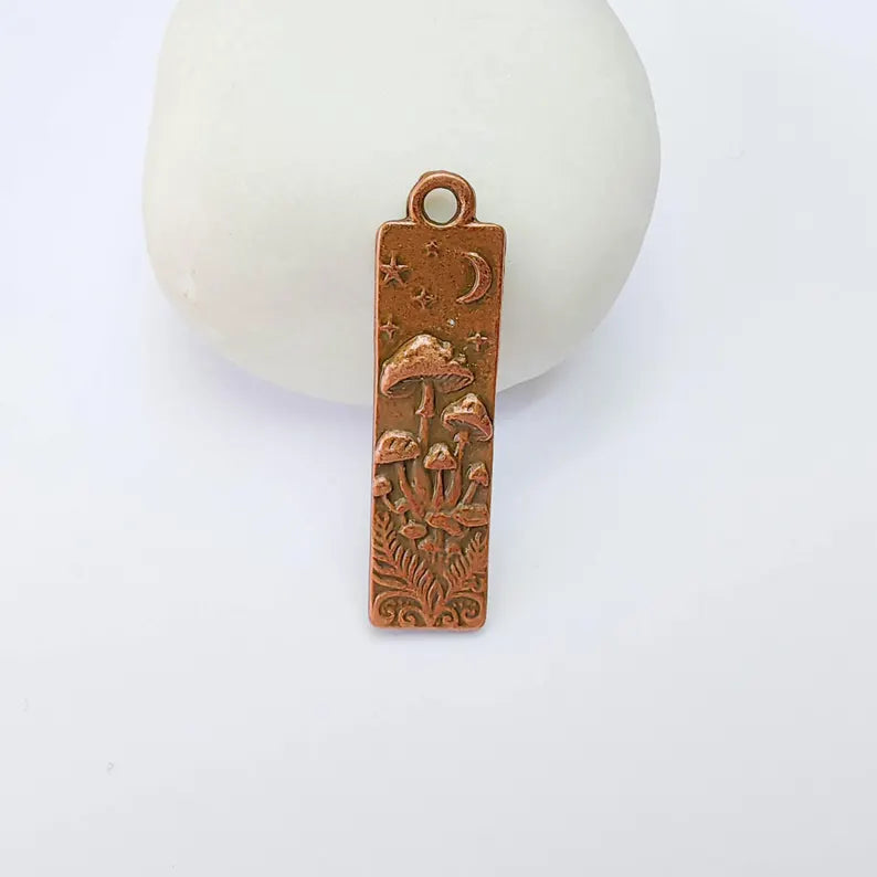 Celestial Mushroom Pendant Charm, Double Sided Woodland Design, Antique Copper Plated, 37x9mm, G38188