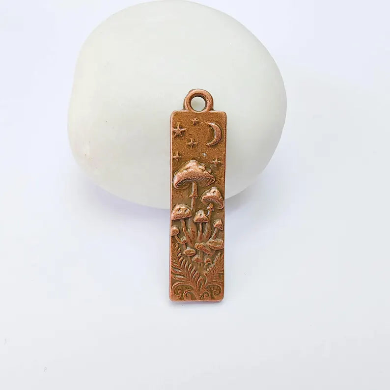 Celestial Mushroom Pendant Charm, Double Sided Woodland Design, Antique Copper Plated, 37x9mm, G38188