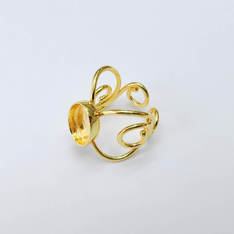 Ornate Oval Bezel Ring Blank, 14x10mm Setting, Adjustable 24K Gold Color Brass Ring, G38191