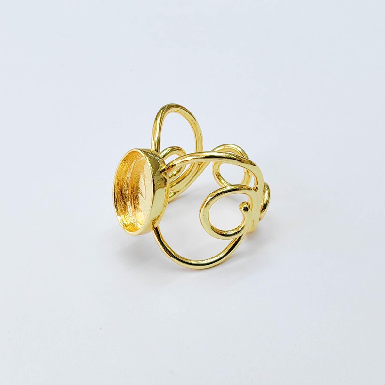 Ornate Oval Bezel Ring Blank, 14x10mm Setting, Adjustable 24K Gold Color Brass Ring, G38191