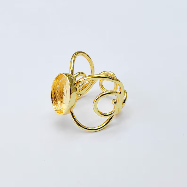 Ornate Oval Bezel Ring Blank, 14x10mm Setting, Adjustable 24K Gold Color Brass Ring, G38191
