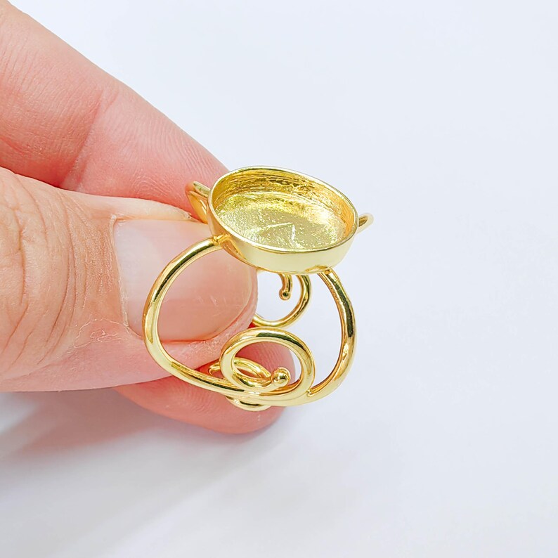 Ornate Oval Bezel Ring Blank, 14x10mm Setting, Adjustable 24K Gold Color Brass Ring, G38191