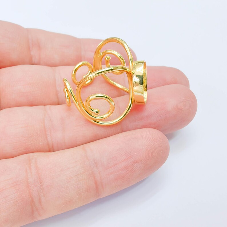 Ornate Oval Bezel Ring Blank, 14x10mm Setting, Adjustable 24K Gold Color Brass Ring, G38191