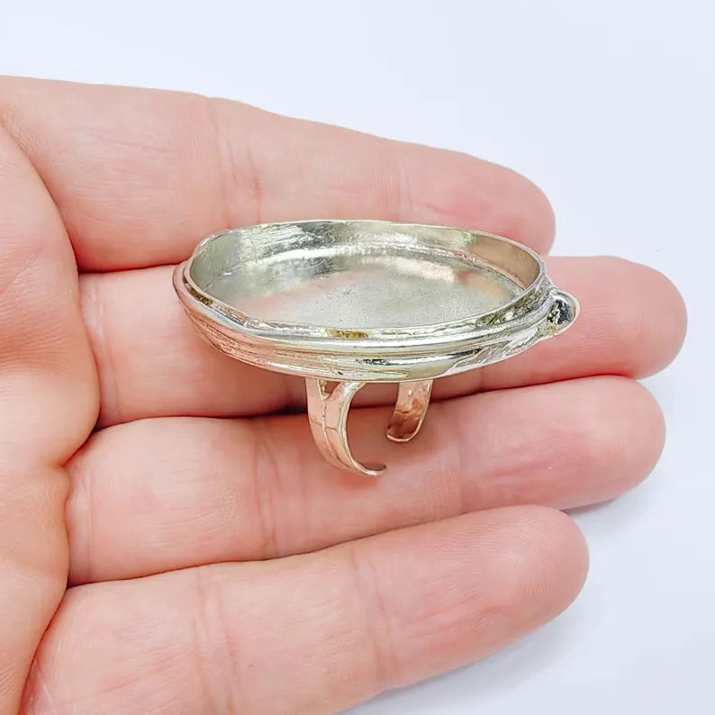 Large Oval Bezel Ring Blank, Adjustable Shiny Silver Brass 39x30mm G38194