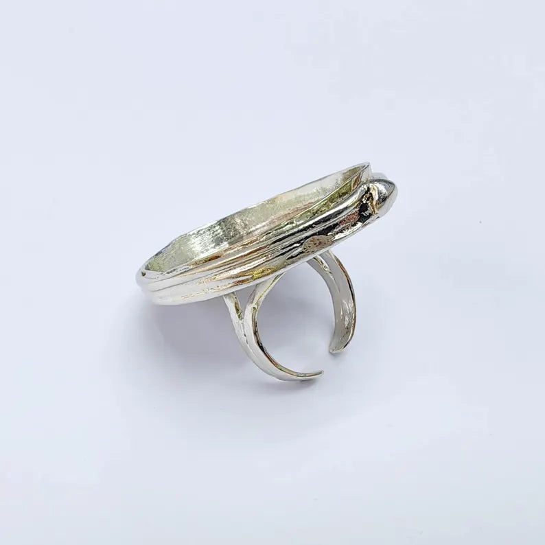 Large Oval Bezel Ring Blank, Adjustable Shiny Silver Brass 39x30mm G38194