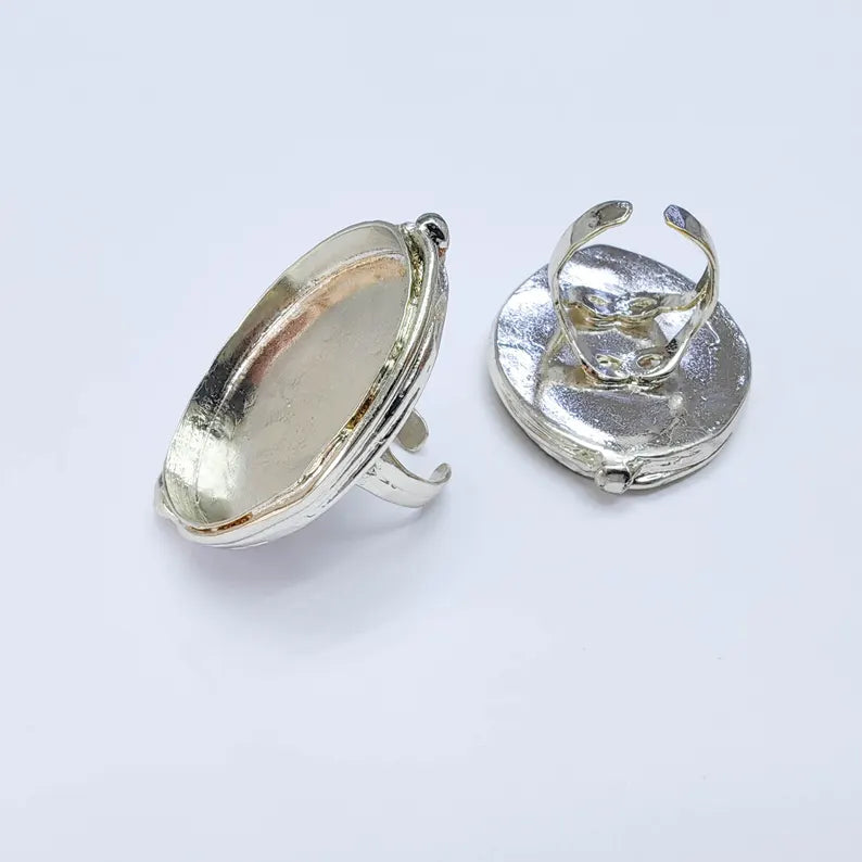 Large Oval Bezel Ring Blank, Adjustable Shiny Silver Brass 39x30mm G38194