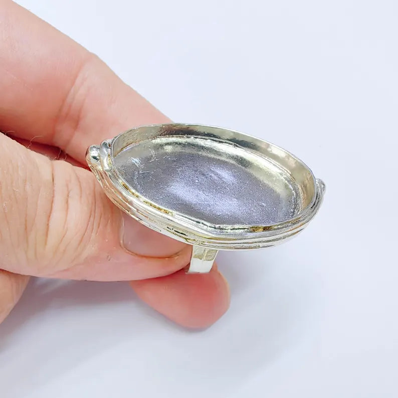 Large Oval Bezel Ring Blank, Adjustable Shiny Silver Brass 39x30mm G38194