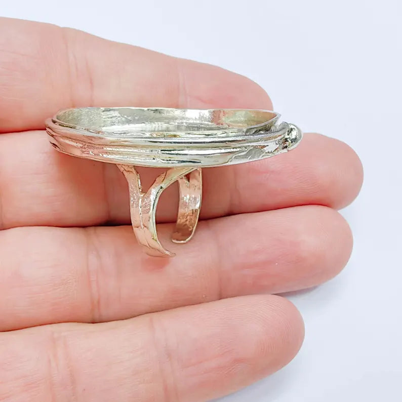 Large Oval Bezel Ring Blank, Adjustable Shiny Silver Brass 39x30mm G38194