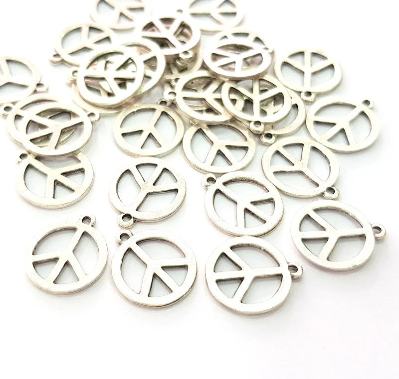 10 Peace Charm Silver Charms Antique Silver Plated Metal (14mm) G13372