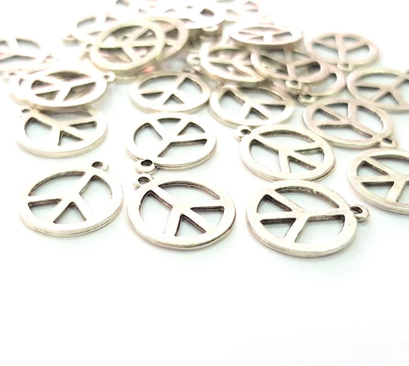 10 Peace Charm Silver Charms Antique Silver Plated Metal (14mm) G13372