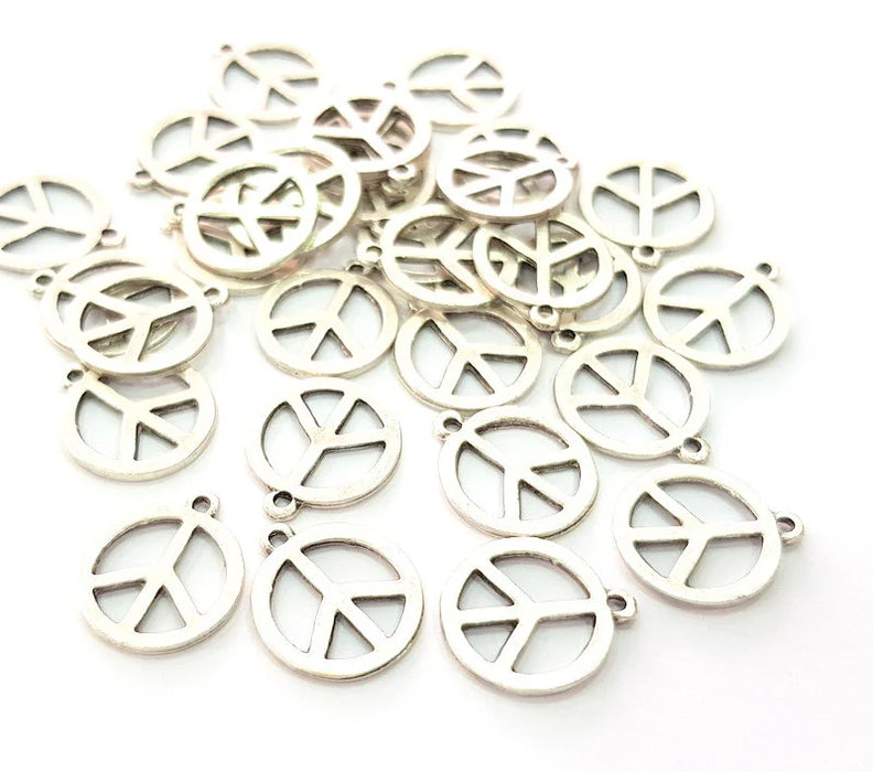 10 Peace Charm Silver Charms Antique Silver Plated Metal (14mm) G13372