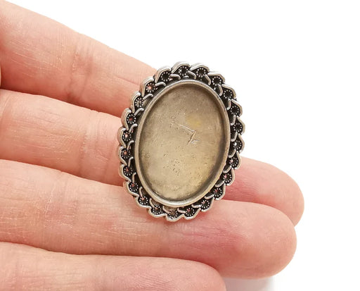 Silver Ring Setting Blank Cabochon Base Ring Mounting Adjustable Ring Base Bezel (25x18 mm) Antique Silver Plated G21280