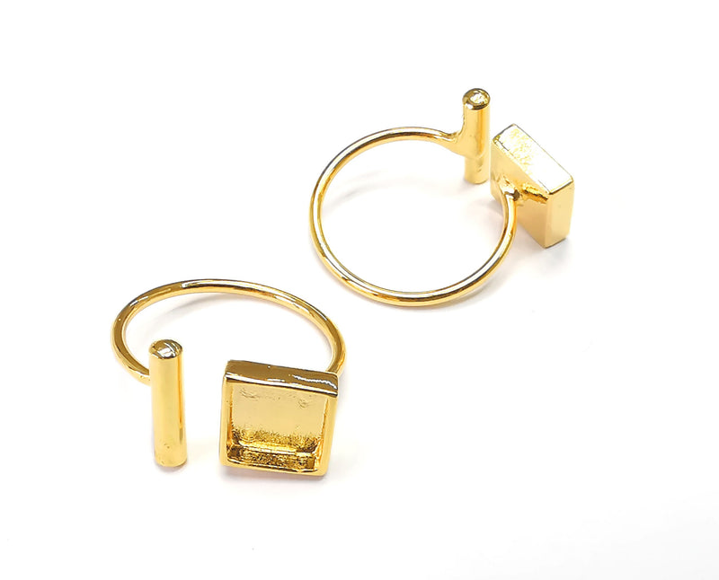 Square Rod Ring Bezels Ring Settings Resin Backs Cabochon Mounting Shiny Gold Plated Brass Adjustable Ring Base (8mm blank) G33924