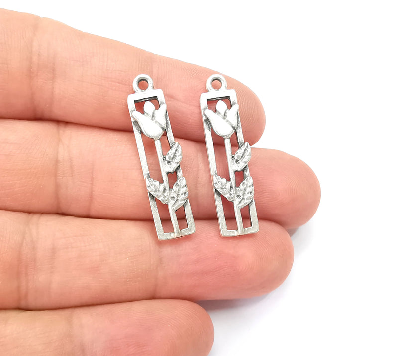 2 Flower Charms Branch Plant Charms Antique Silver Plated Tulip, Dangle Rose, DIY Charms  (33x8mm) G28157