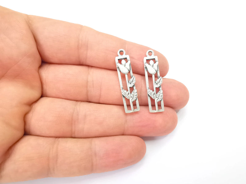 2 Flower Charms Branch Plant Charms Antique Silver Plated Tulip, Dangle Rose, DIY Charms  (33x8mm) G28157