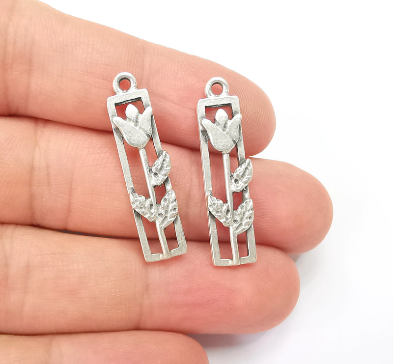 2 Flower Charms Branch Plant Charms Antique Silver Plated Tulip, Dangle Rose, DIY Charms  (33x8mm) G28157