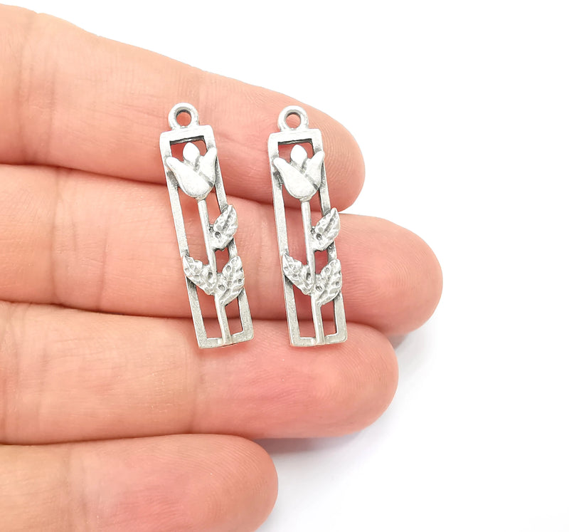 2 Flower Charms Branch Plant Charms Antique Silver Plated Tulip, Dangle Rose, DIY Charms  (33x8mm) G28157