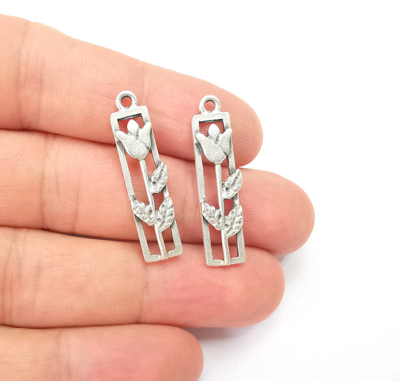 2 Flower Charms Branch Plant Charms Antique Silver Plated Tulip, Dangle Rose, DIY Charms  (33x8mm) G28157