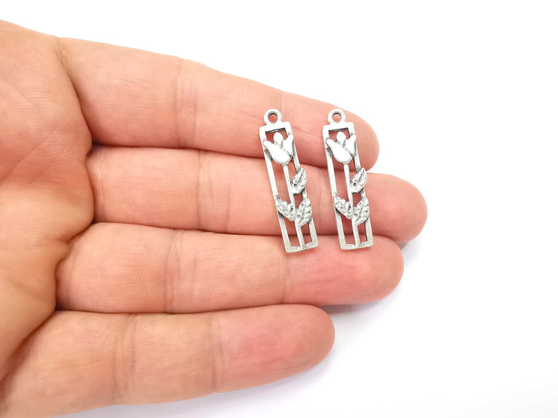 2 Flower Charms Branch Plant Charms Antique Silver Plated Tulip, Dangle Rose, DIY Charms  (33x8mm) G28157