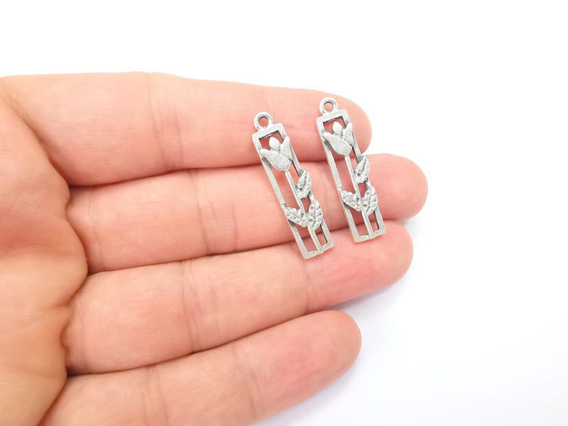 2 Flower Charms Branch Plant Charms Antique Silver Plated Tulip, Dangle Rose, DIY Charms  (33x8mm) G28157