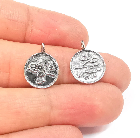 2 Sterling Silver Coin Charms Ottoman Signature Charms 925 Silver Charms (13mm) G30164