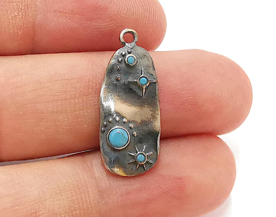 Sterling Silver Charms 925 Oxidized Silver Pendant with Turquoise Stone , Pendant (27x11mm) G30118