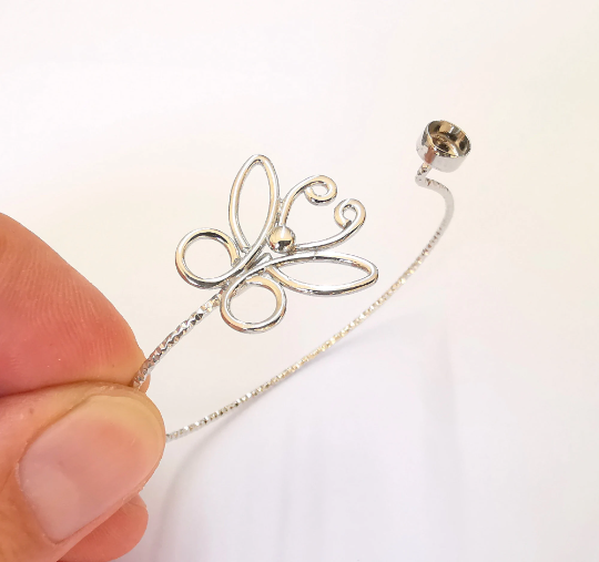 Sterling Silver Butterfly Bracelet Blank Bezel 925 Silver Cuff Base Setting Blank Cabochon Bezel Mounting Adjustable Bracelet (6mm) G30085