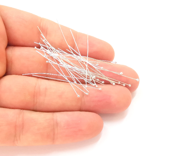 10 Sterling Silver Long Ball Head Pin, 1.5'', 25ga Extra thin pins (40mm) (0.4mm - 25 Gauge) 925 Solid Silver Headpin Findings G30126